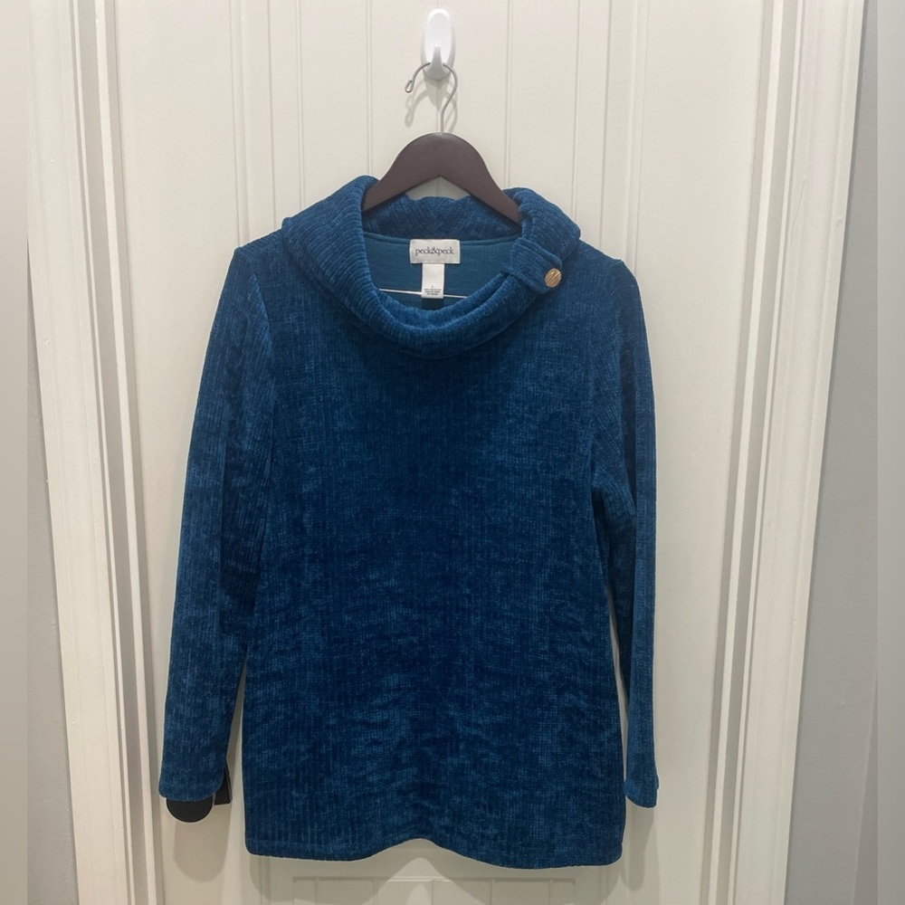 Peck & Peck Teal Blue Chenille Cowl Neck Sweater